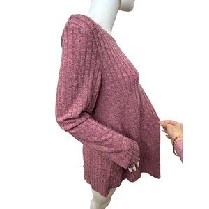 Maternity Women’s Tunic Top L Dark Pink Knit Round Neck Ribbed Long Sleeve Belt
